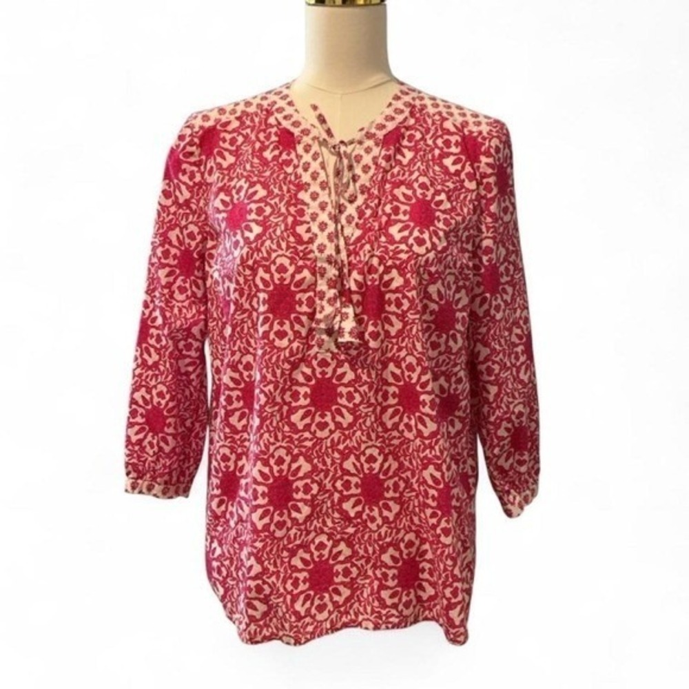Vineyard Vines Tunic Top Womens Small Pink Excellent Block Print Split Neck‎ Tie
